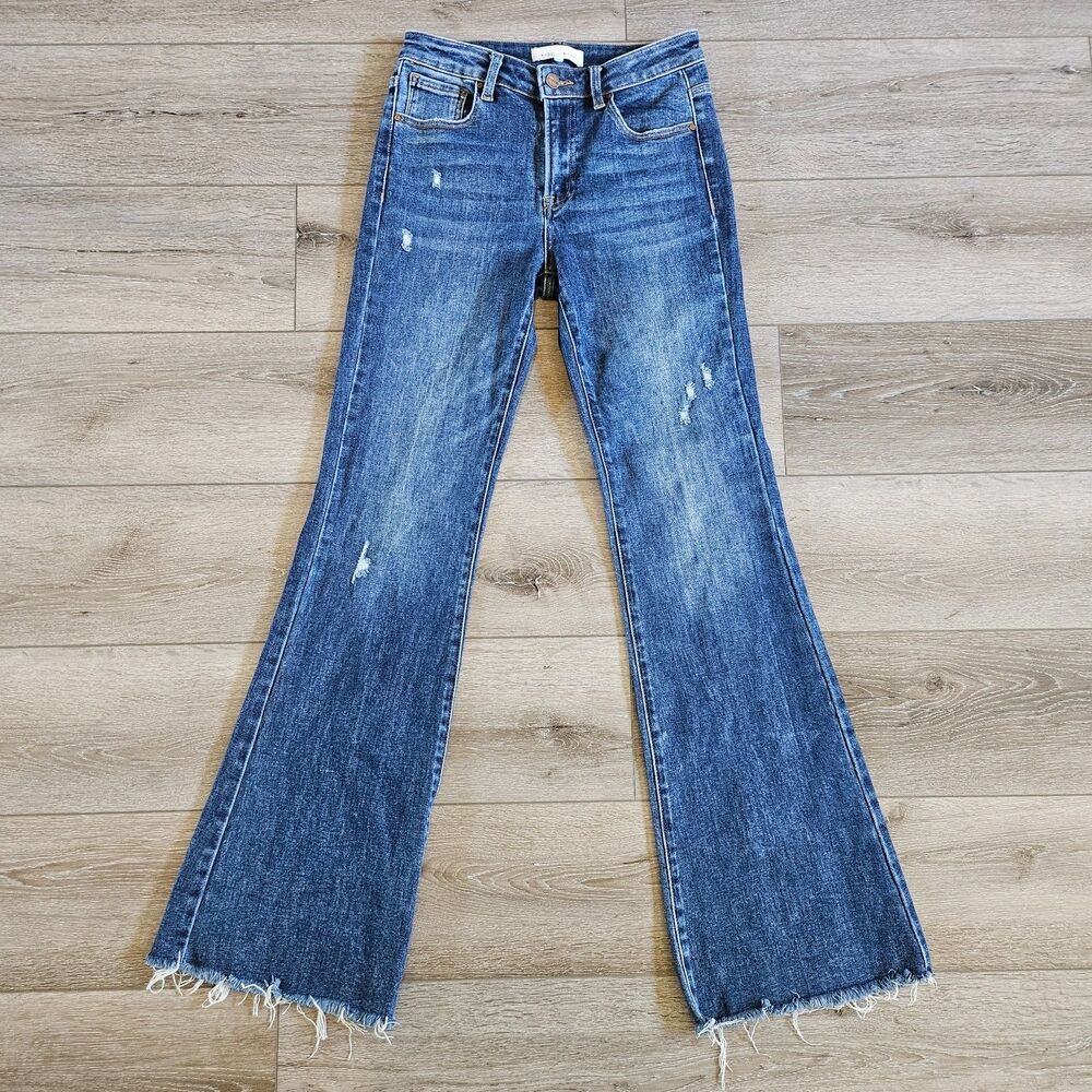 Risen Los Angeles Stretch Bootcut Flare Frayed Raw Hem Jeans Womens 7 Retro 70s